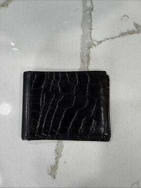 Neiman Marcus Black Croc-Embossed Leather Money Clip Wallet